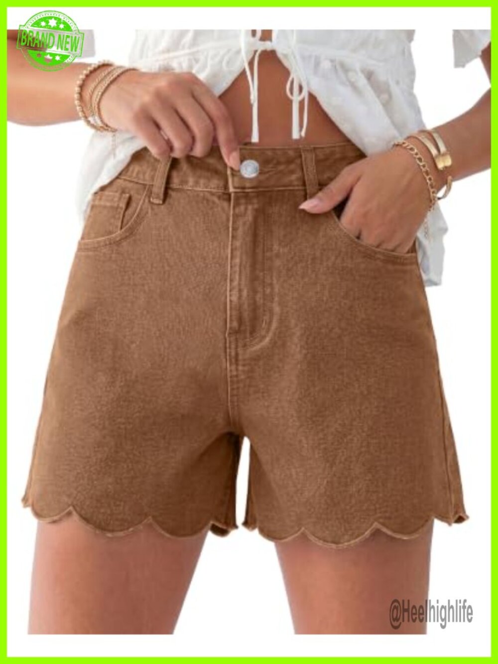 High Waisted Scalloped Hem Stretch Denim Jean Shorts 4in Inseam